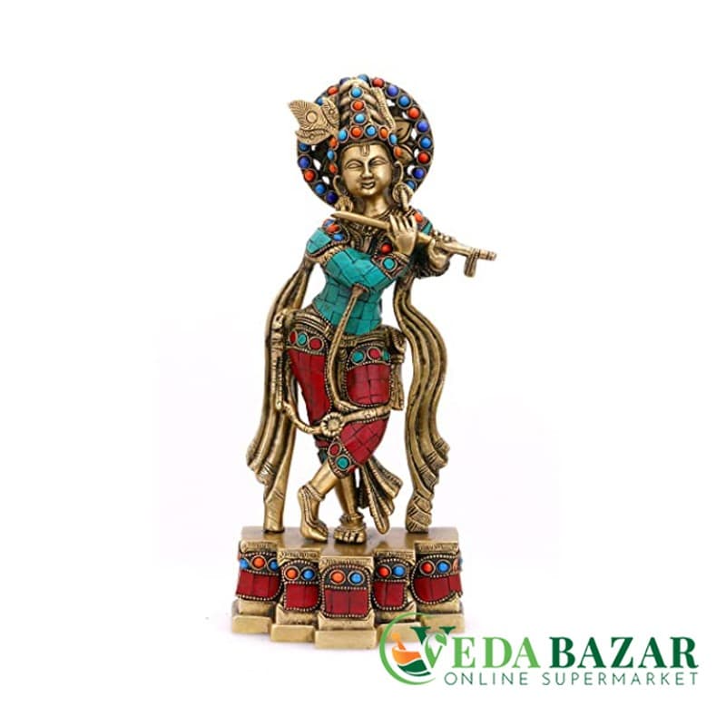 Медная статуя Кришны, разноцветная (Brass Lord Krishna Statue), 30,5 см , Ведабазар (Vedabazar) фото