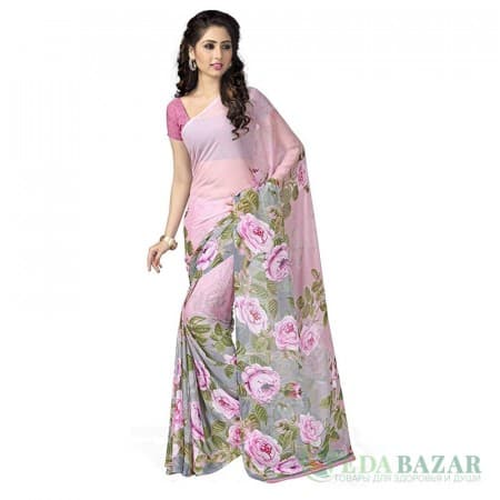 Сари из шифона с красивым рисунком (цвет — розовый), Chiffon Sari with beautiful pattern (color — pink) фото